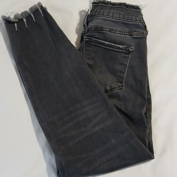 KanCan Women's 27 Distressed Black Raw Hem/Waist Denim Tapered-Leg Jeans - Picture 8 of 13